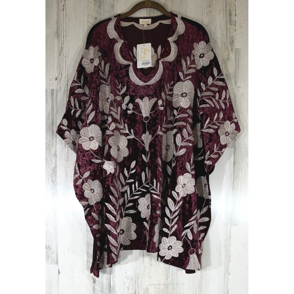 Layerz Clothing‎ Rosie Top XL Burgundy Velvet Floral Embroidered Kaftan Kimono